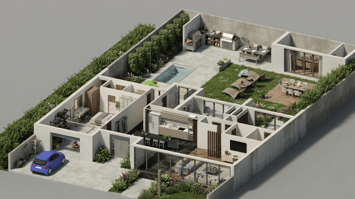 Vista 3D da zona social e exterior da moradia T2 com cozinha exterior, piscina e jardim