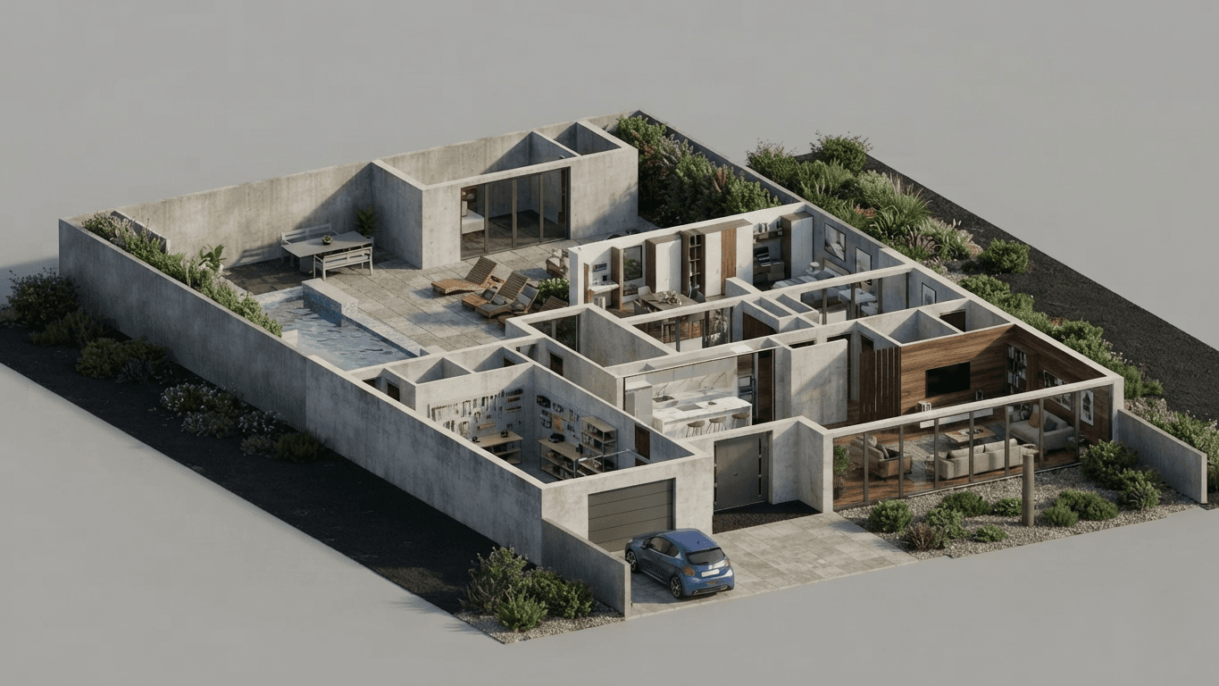 Planta 3D da moradia T2 térrea com sala, cozinha, dois quartos, piscina e garagem